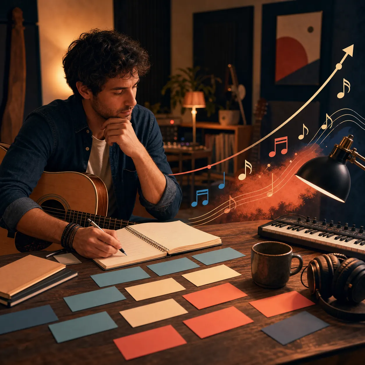 Songwriter shaping a chorus from a lyric idea with a rising melody