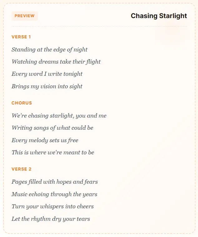AI rap lyrics generator example - Chasing Starlight song with verses and chorus