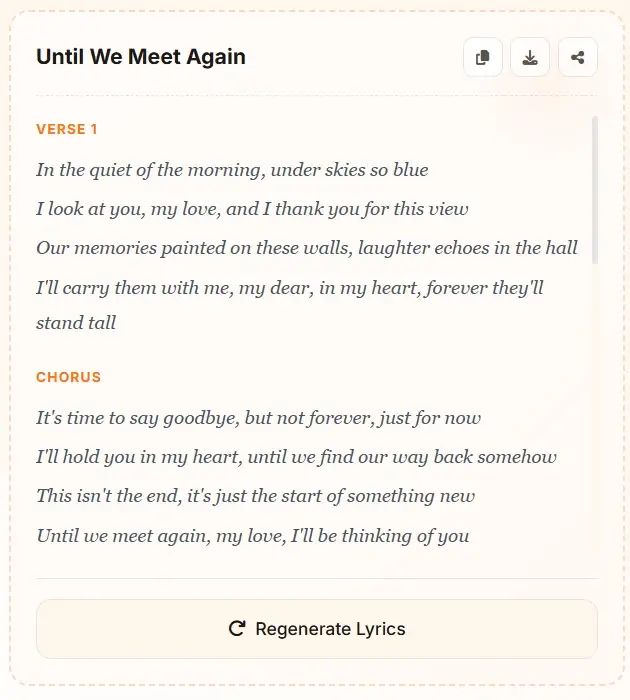AI generated emotional ballad lyrics - Until We Meet Again song example