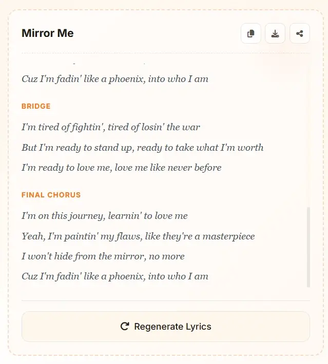 AI lyric writer result - Mirror Me song with professional verse chorus structure