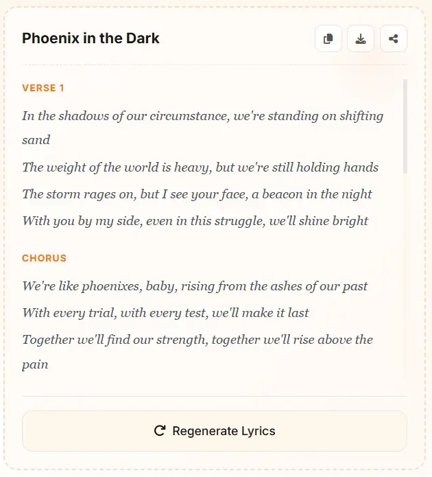 AI song lyrics example - Phoenix in the Dark powerful anthem lyrics