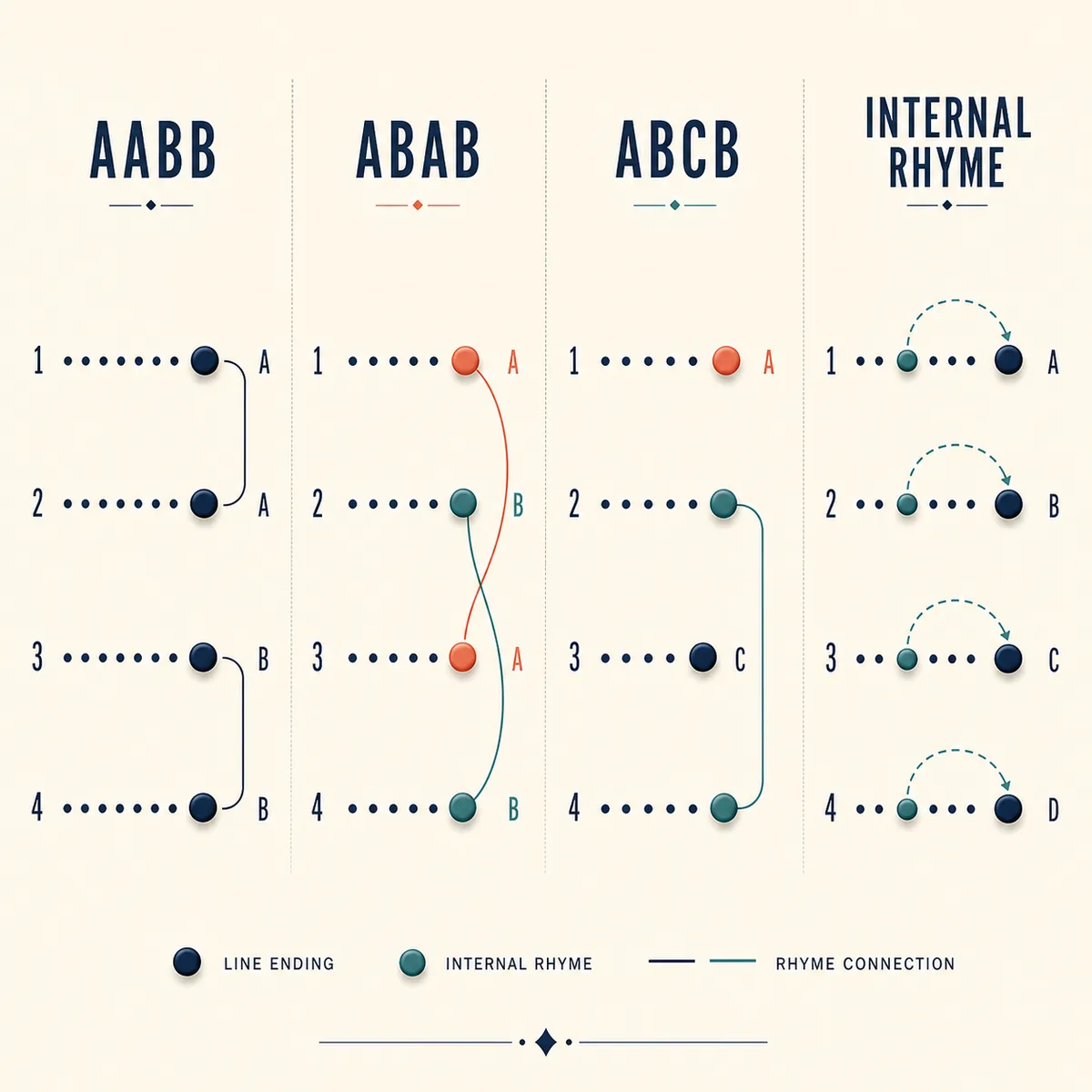 Redaktionelle Grafik mit den Mustern AABB, ABAB, ABCB und Binnenreim