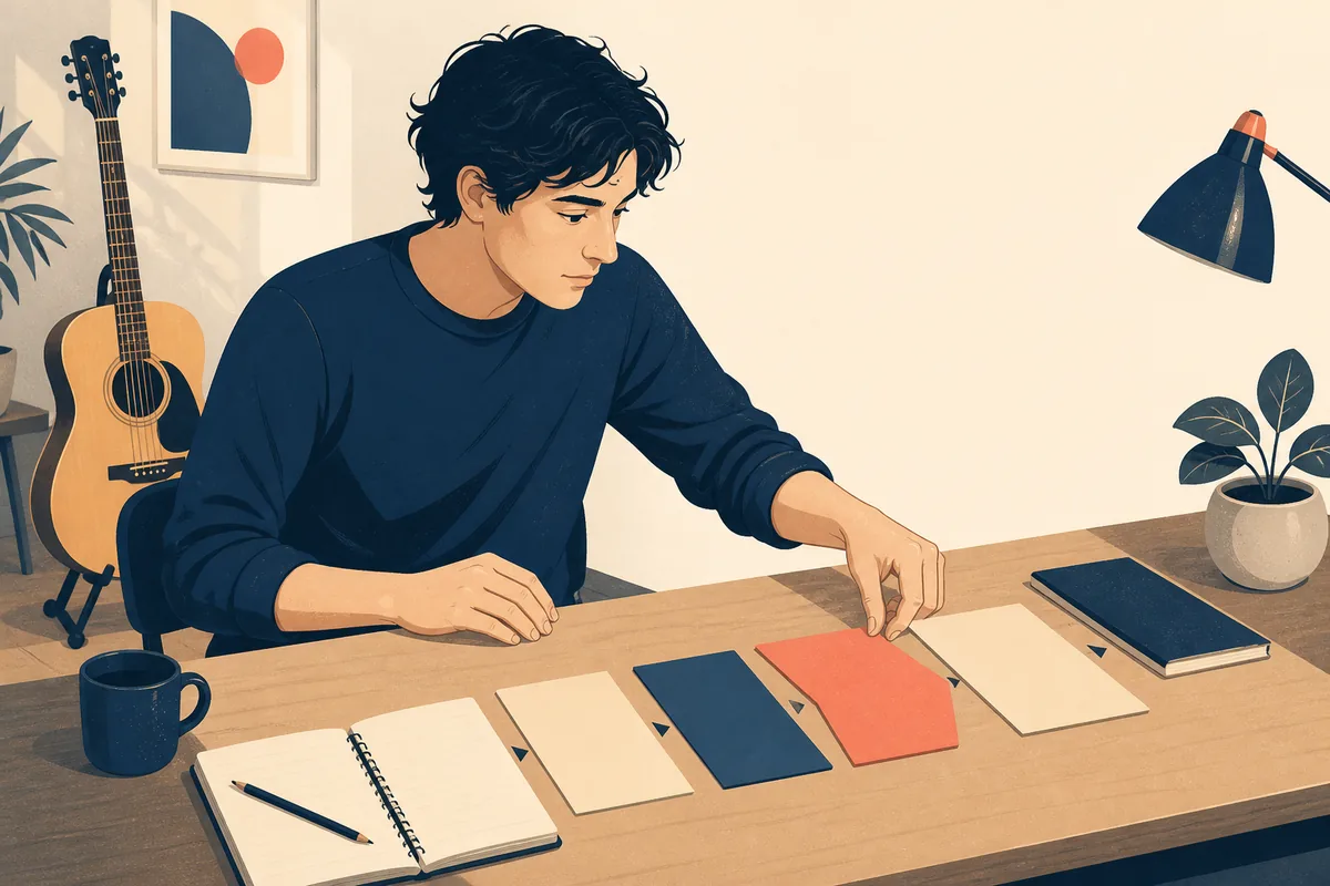 Songwriter arranging contrasting song sections at a studio desk